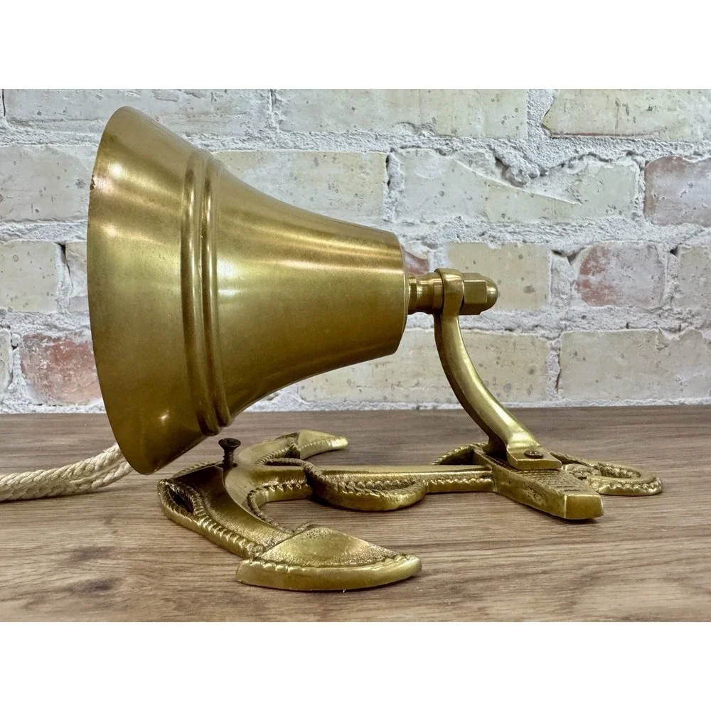Vintage Solid Brass Ship Bell Anchor Wall Mount Nautical Maritime Rope 6.5